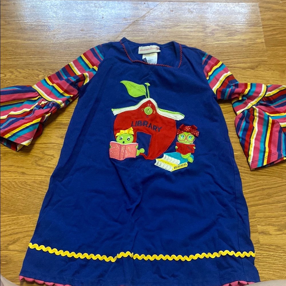 Colorful Striped Sleeve Dress with Library Design